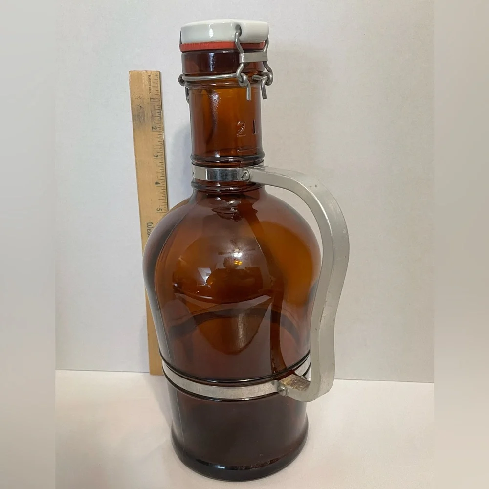 Growler Bottle Amber glass W/Metal handle flip‎ top opening w/swing top closure